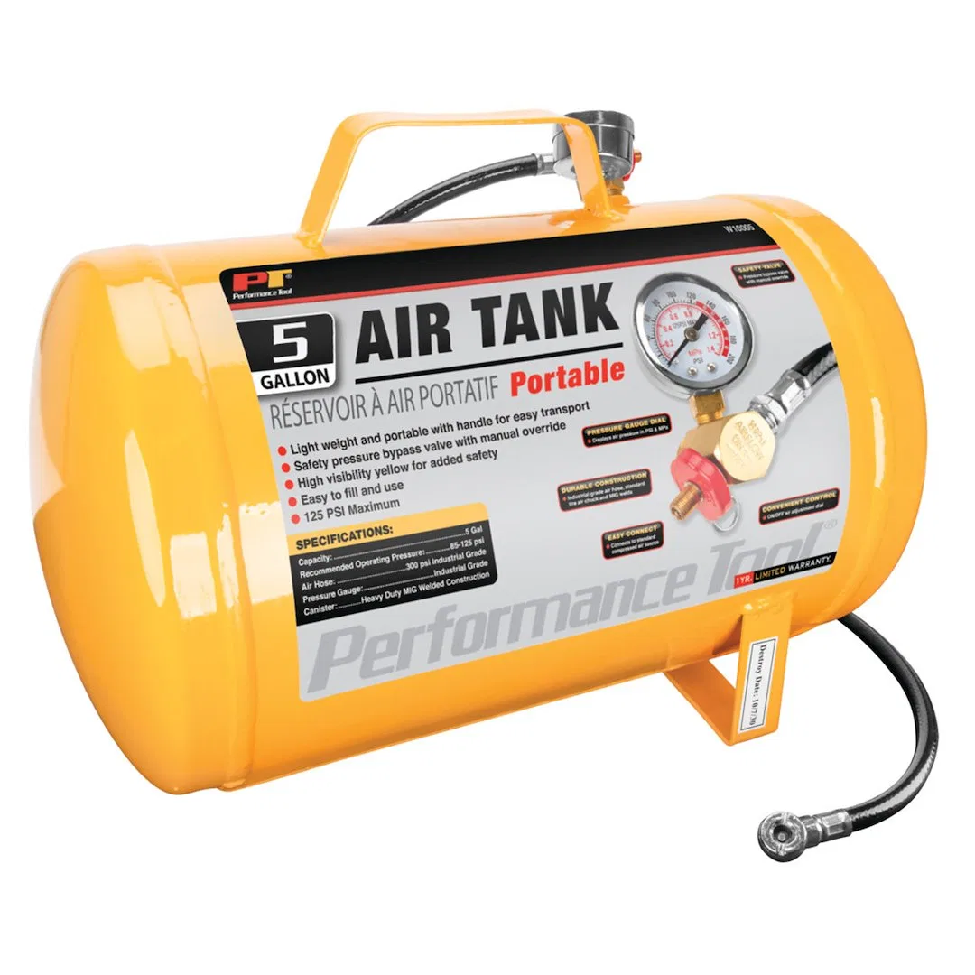W10005 – PERFORM TOOL Air Tank, 5 Gallon Yellow With Handle 125 Maximum PSI Safety Pressure Bypass Valve With Manual ...